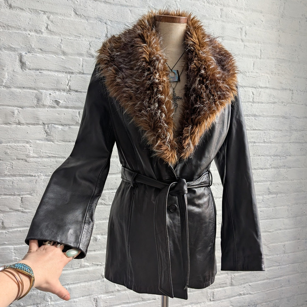Vintage Leather Jacket Penny Lane Jacket Faux Fur Coat 70s Tapestry Trench Coat - Picture 3 of 16